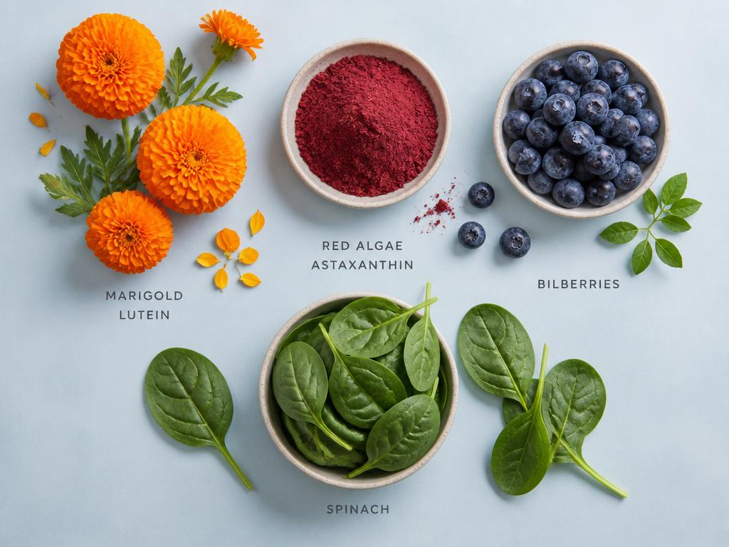 Natürliche Inhaltsstoffe: Ringelblume, Astaxanthin aus Algen, Heidelbeeren und Spinat